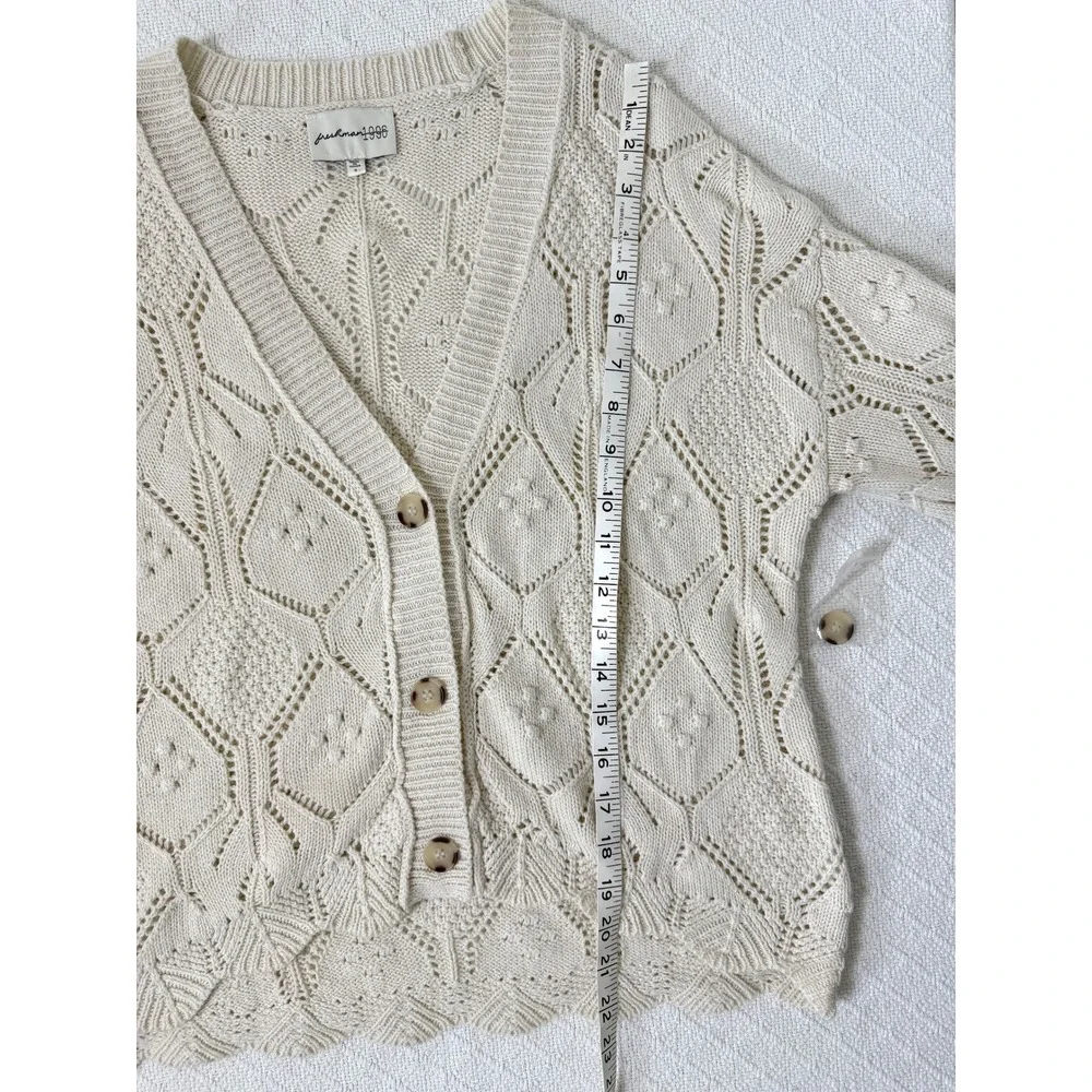 Freshman 1996 Cream Open Knit Cardigan Scalloped Hem Balloon Sleeve Size Small - Picture 8 of 8